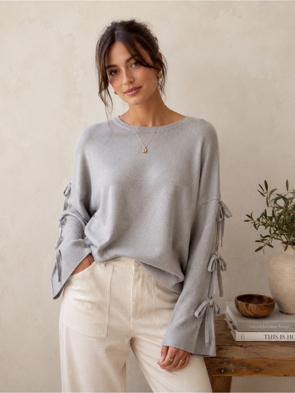Kokun Womens Cashmere Sweater Sz L Gray Tie Sleeve Luxury Coastal Minimalist